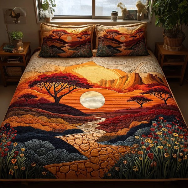 Dried Soil Motherland quilted 3-piece bedding set on a made bed with two matching pillow shams
