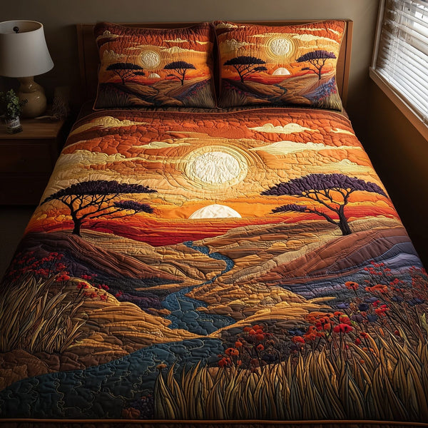 Dried Soil Motherland quilted 3-piece bedding set on a made bed with two matching pillow shams