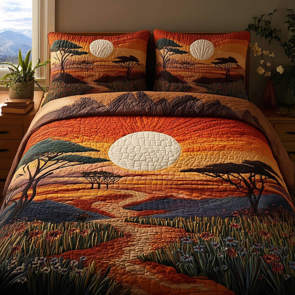 Dried Soil Motherland quilted 3-piece bedding set on a made bed with two matching pillow shams