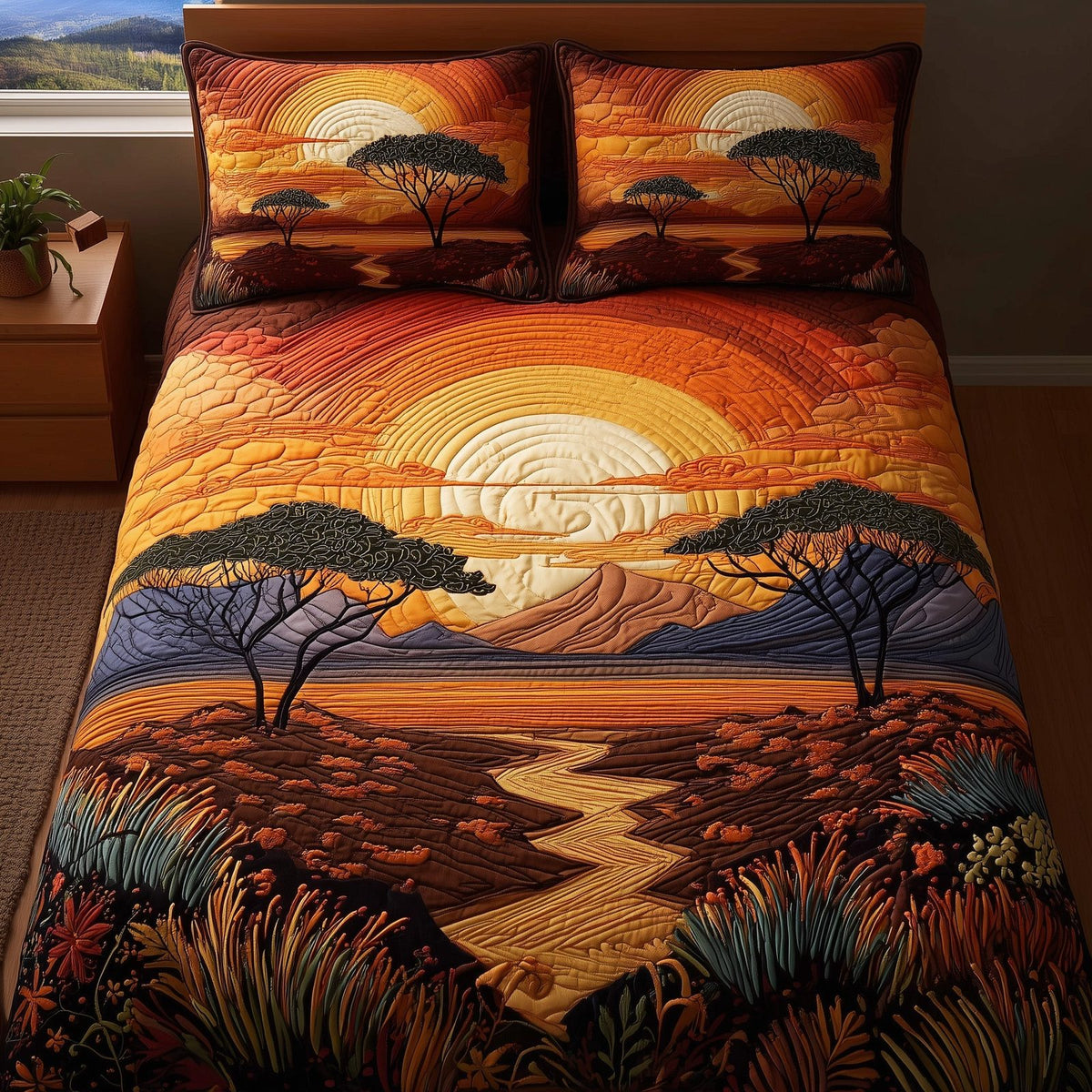 Dried Soil Motherland quilted 3-piece bedding set on a made bed with two matching pillow shams