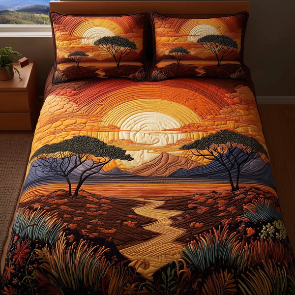 Dried Soil Motherland quilted 3-piece bedding set on a made bed with two matching pillow shams