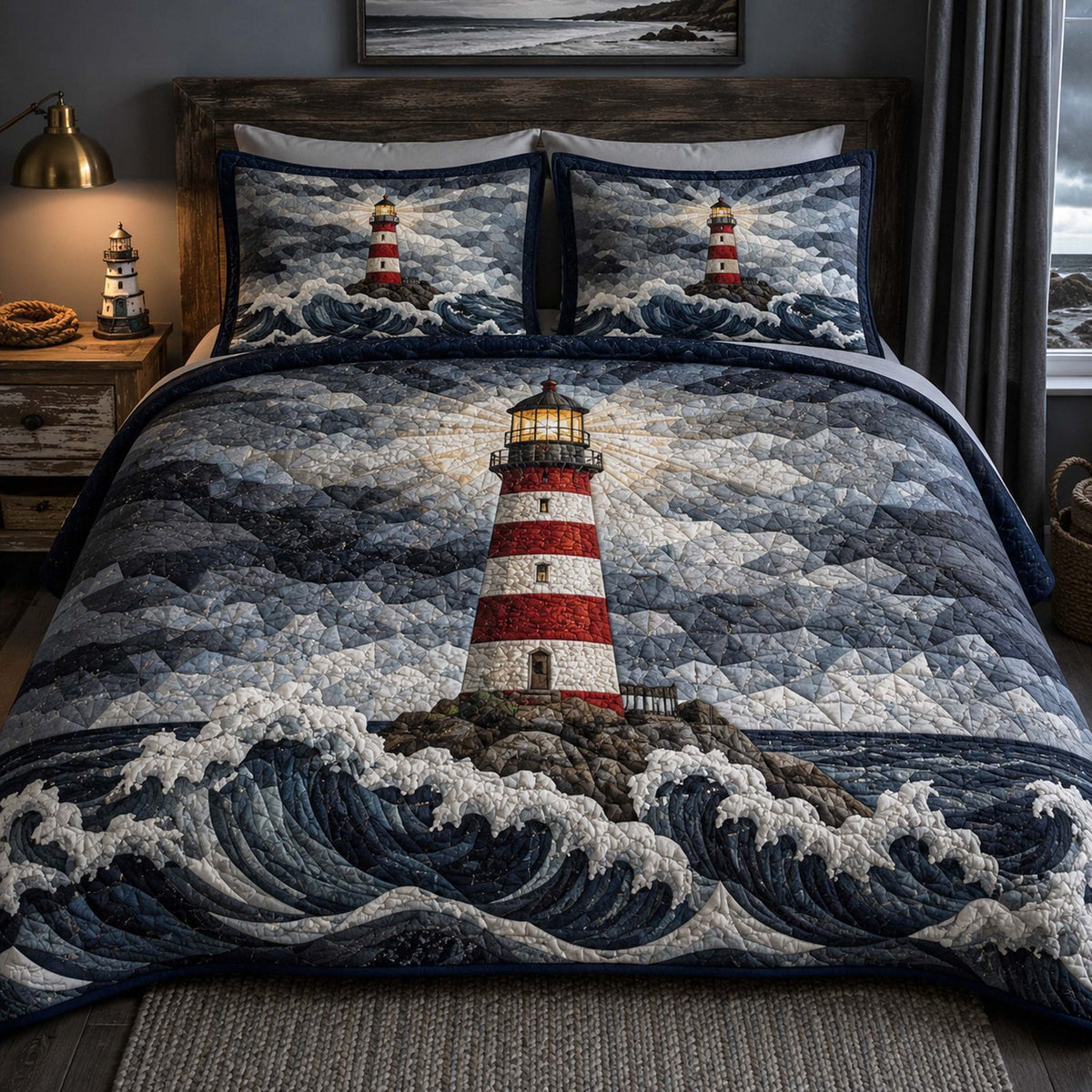 Drift Waves quilted 3-piece bedding set on a made bed in a light coastal bedroom