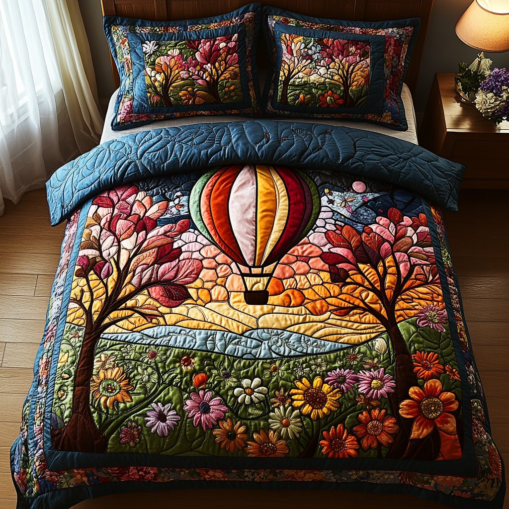 Drifting Horizons quilted 3-piece bedding set on a made bed with two matching pillow shams