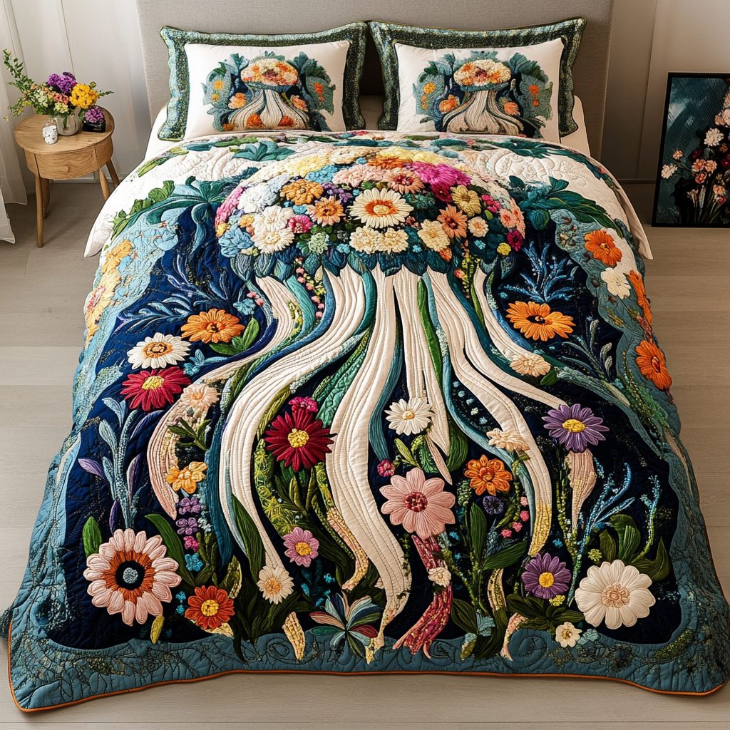 Drifting Jelly quilted 3-piece bedding set on a made bed with two matching pillow shams