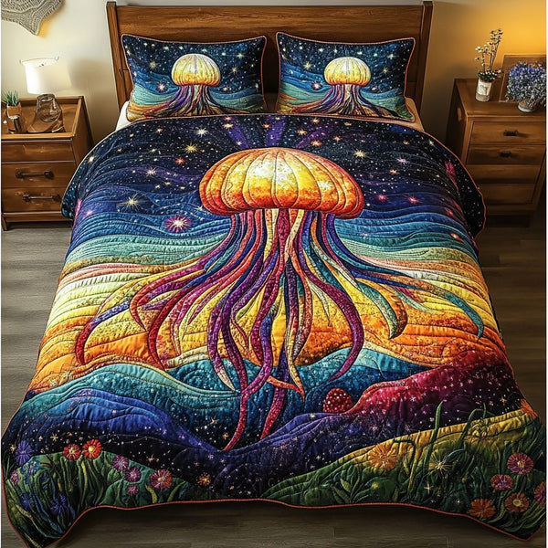 Drifting Jellyfish quilted 3-piece bedding set on a made bed with two matching pillow shams