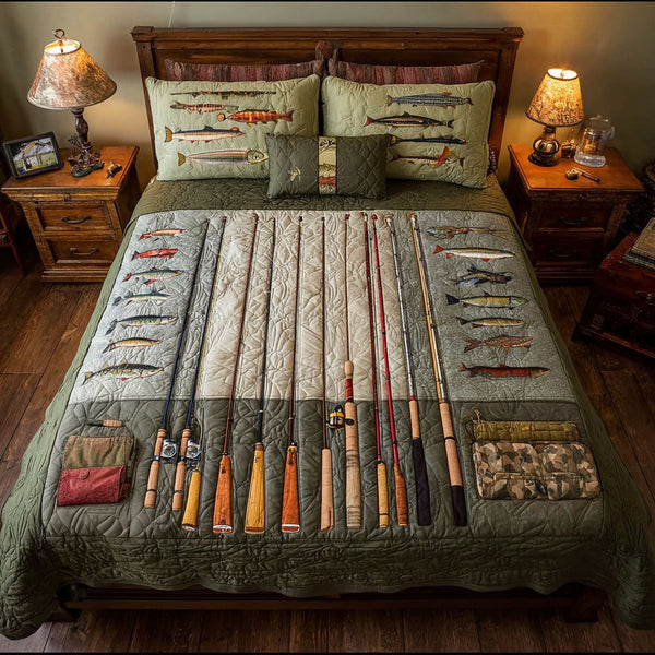 Driftwood and Line Stories quilted 3-piece bedding set on a made bed in a light coastal bedroom