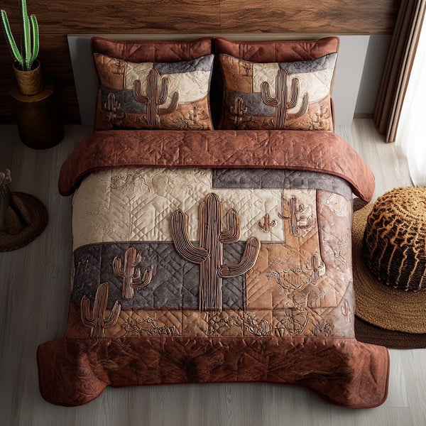 Dry Cactus quilted 3-piece bedding set on a made bed with two matching pillow shams