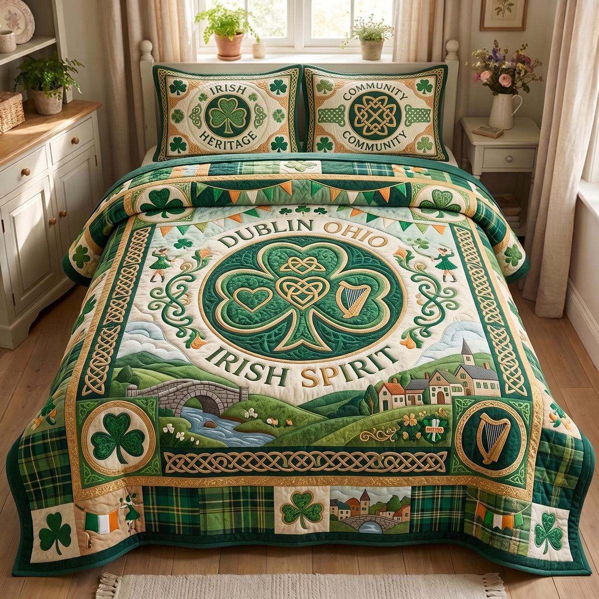 Dublin Charm quilted 3-piece bedding set on a made bed with two matching pillow shams