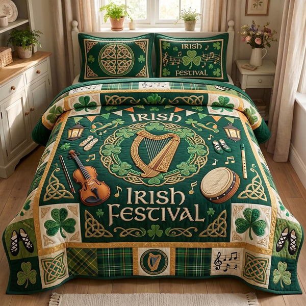 Dublin Pride quilted 3-piece bedding set on a made bed with two matching pillow shams