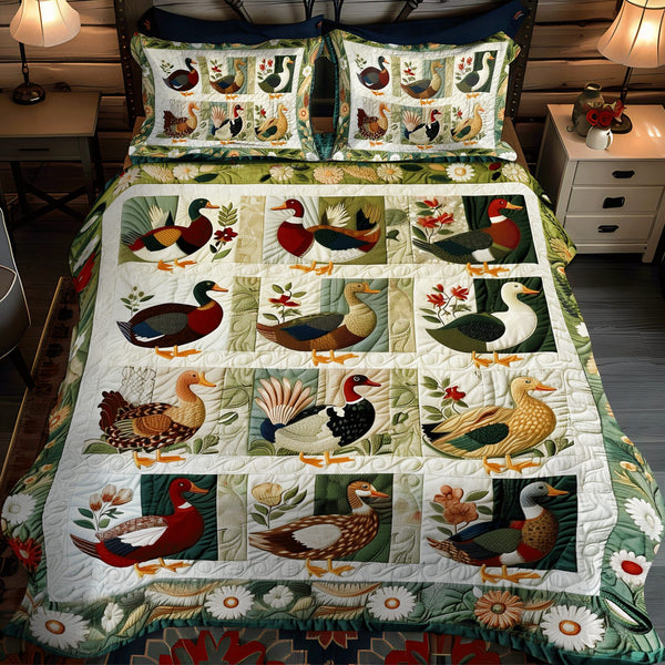 Duck Farm quilted 3-piece bedding set on a made bed with two matching pillow shams