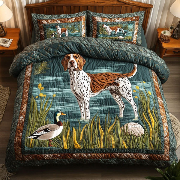 Duck Hunting GSP quilted 3-piece bedding set on a made bed with two matching pillow shams