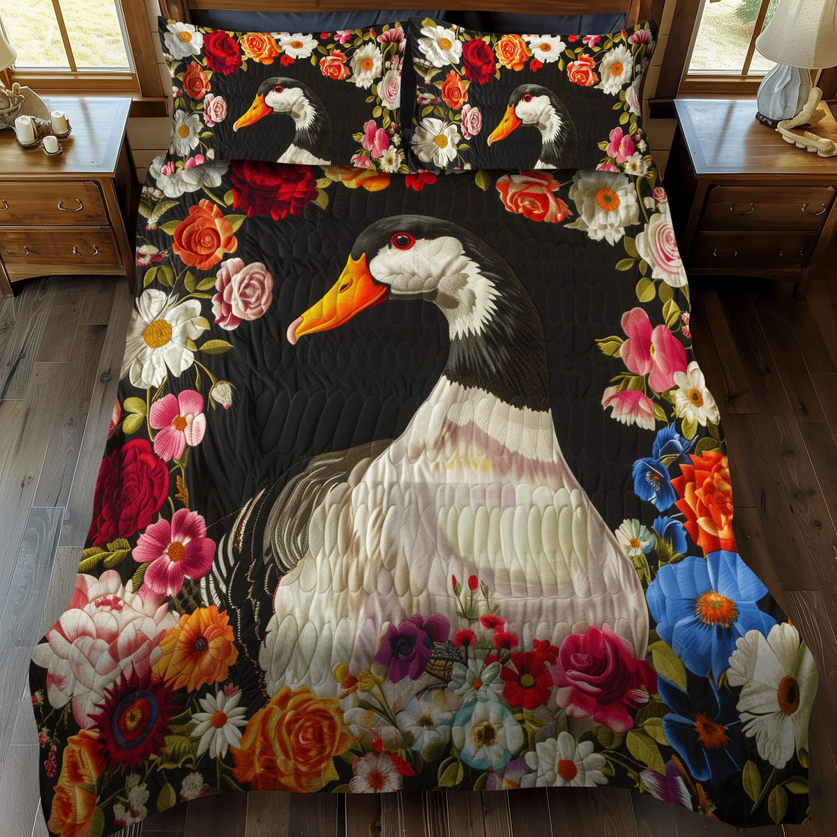 Duck Majesty quilted 3-piece bedding set on a made bed with two matching pillow shams