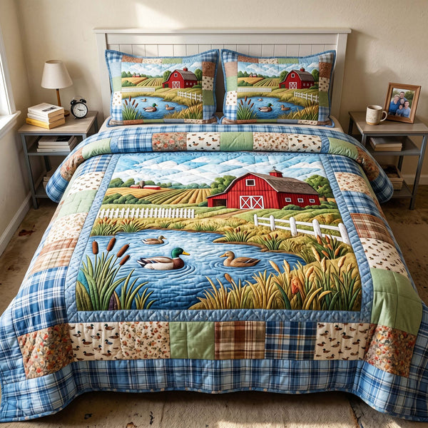 Duck Meadow quilted 3-piece bedding set on a made bed with two matching pillow shams