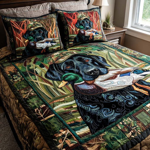 Duck Retriever quilted 3-piece bedding set on a made bed with two matching pillow shams