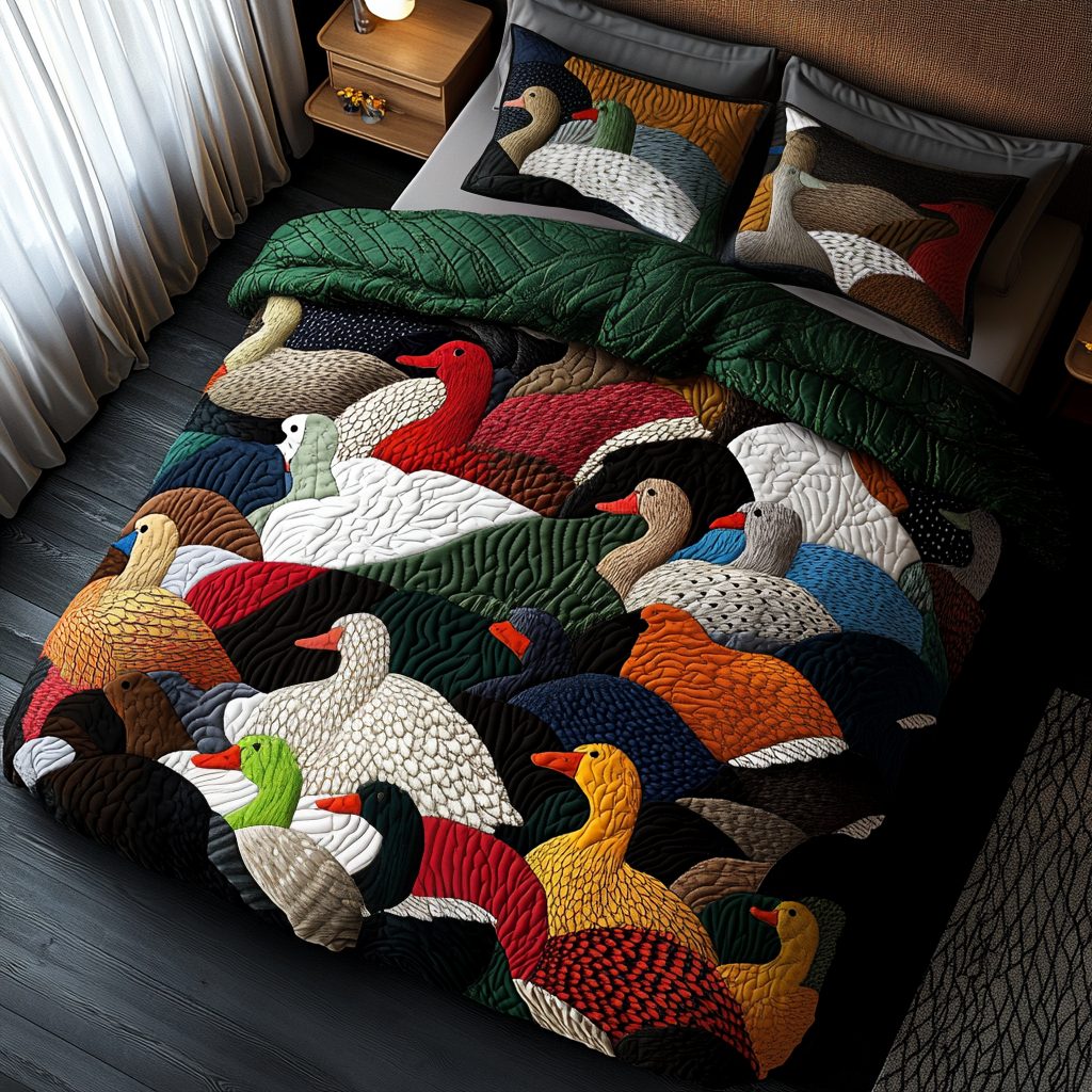Duckling Dreams quilted 3-piece bedding set on a made bed with two matching pillow shams
