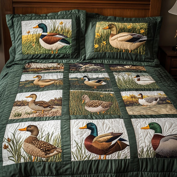 Ducky Delight quilted 3-piece bedding set on a made bed with two matching pillow shams