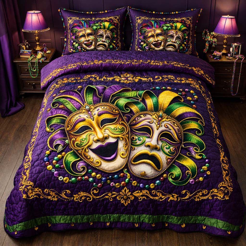 Dueling Masks quilted 3-piece bedding set on a made bed with two matching pillow shams