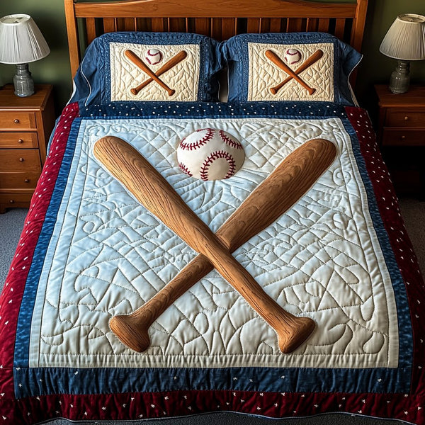 Dugout Comfort quilted 3-piece bedding set on a made bed with two matching pillow shams