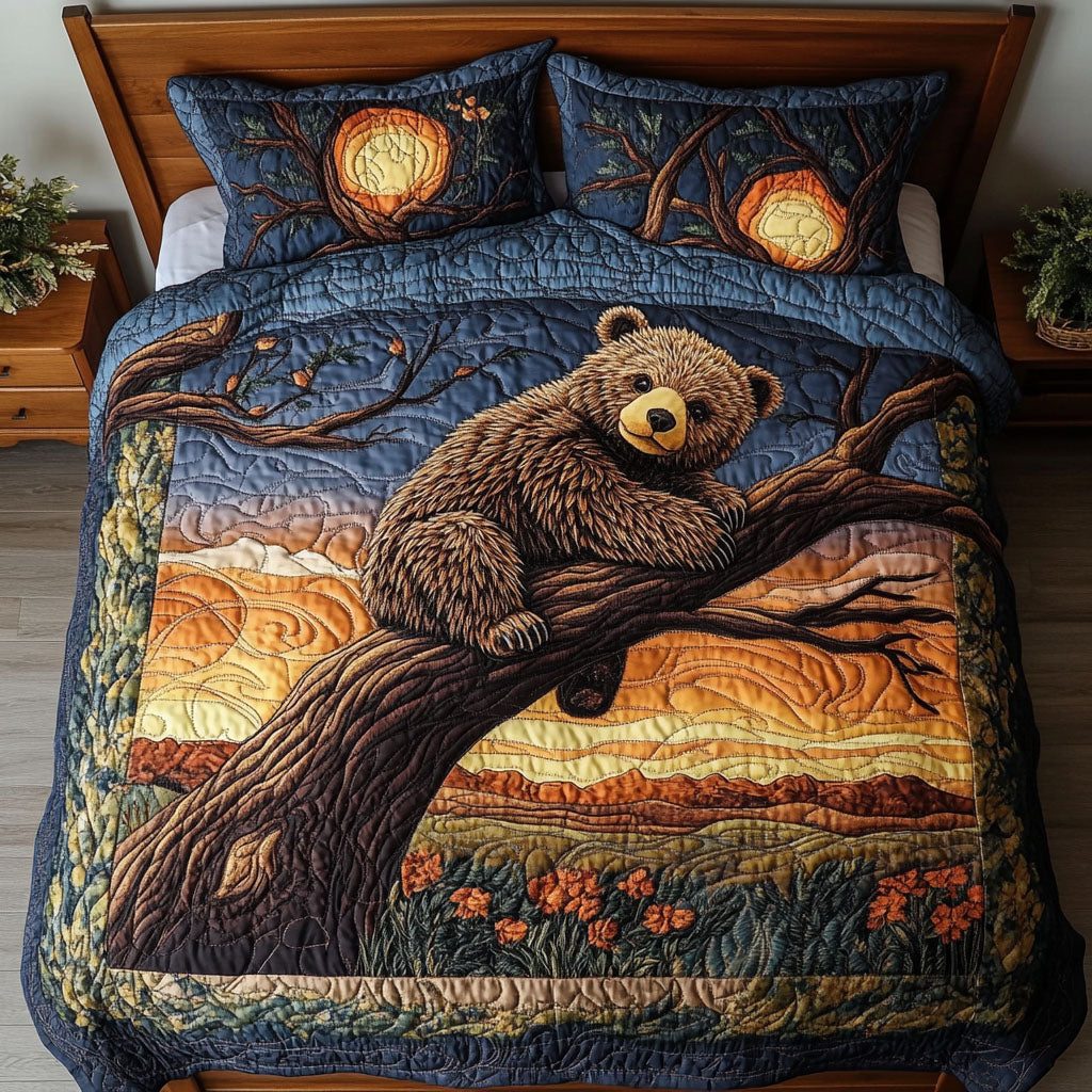 Dusk Climber quilted 3-piece bedding set on a made bed with two matching pillow shams