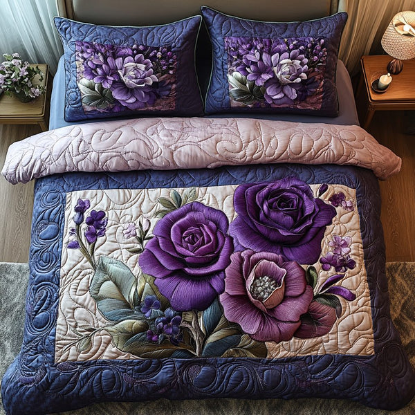 Dusk Petal Symphony quilted 3-piece bedding set on a made bed with two matching pillow shams