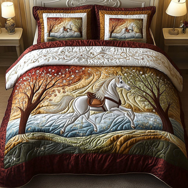 Dusk Run quilted 3-piece bedding set on a made bed with two matching pillow shams