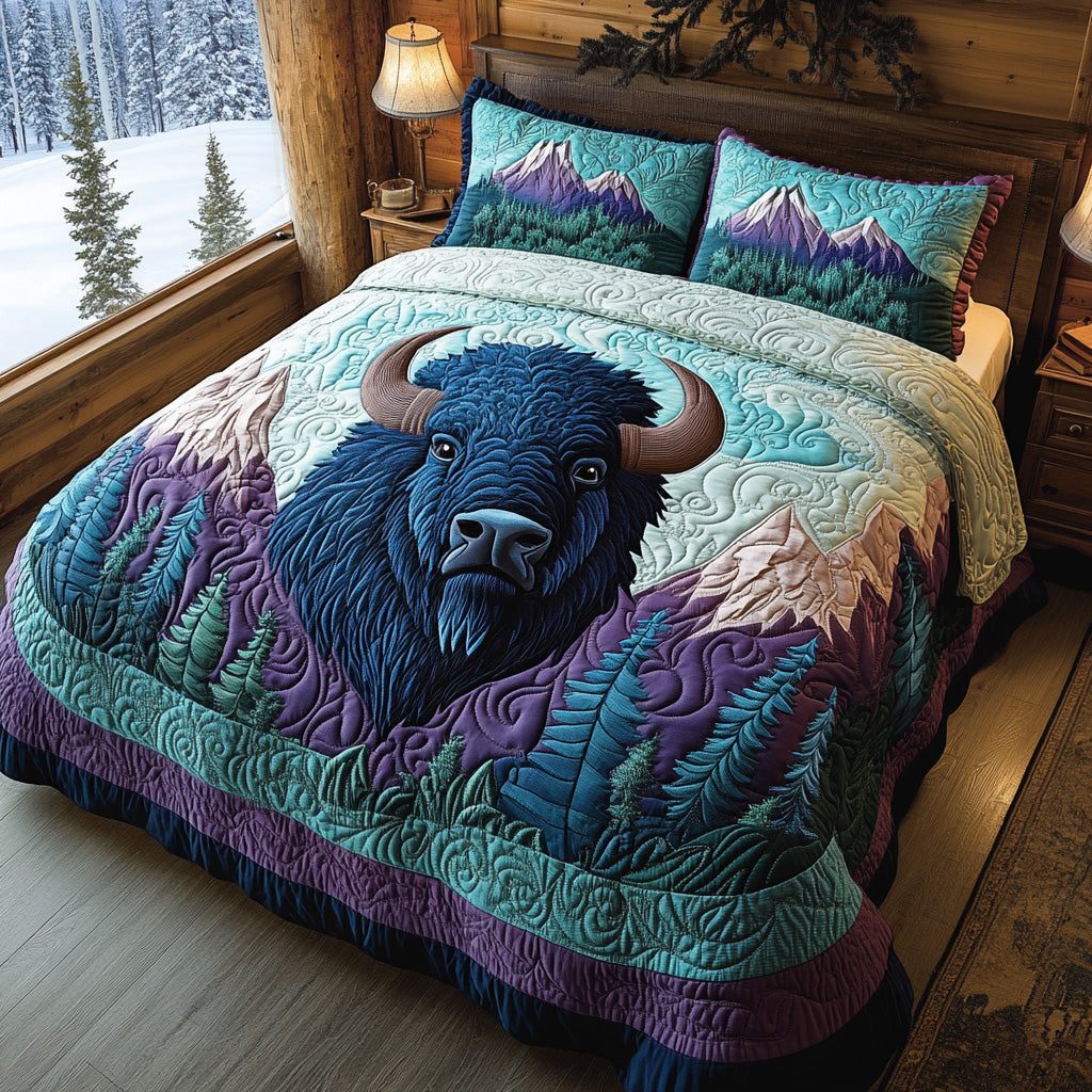 Dust Storm quilted 3-piece bedding set on a made bed with two matching pillow shams