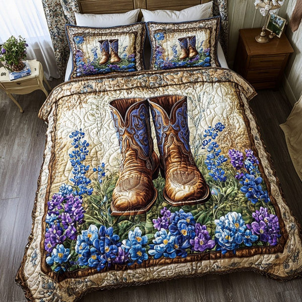 Dusty Roads quilted 3-piece bedding set on a made bed with two matching pillow shams