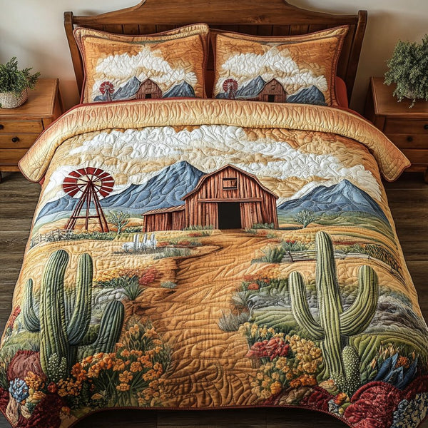 Dusty Roads quilted 3-piece bedding set on a made bed with two matching pillow shams