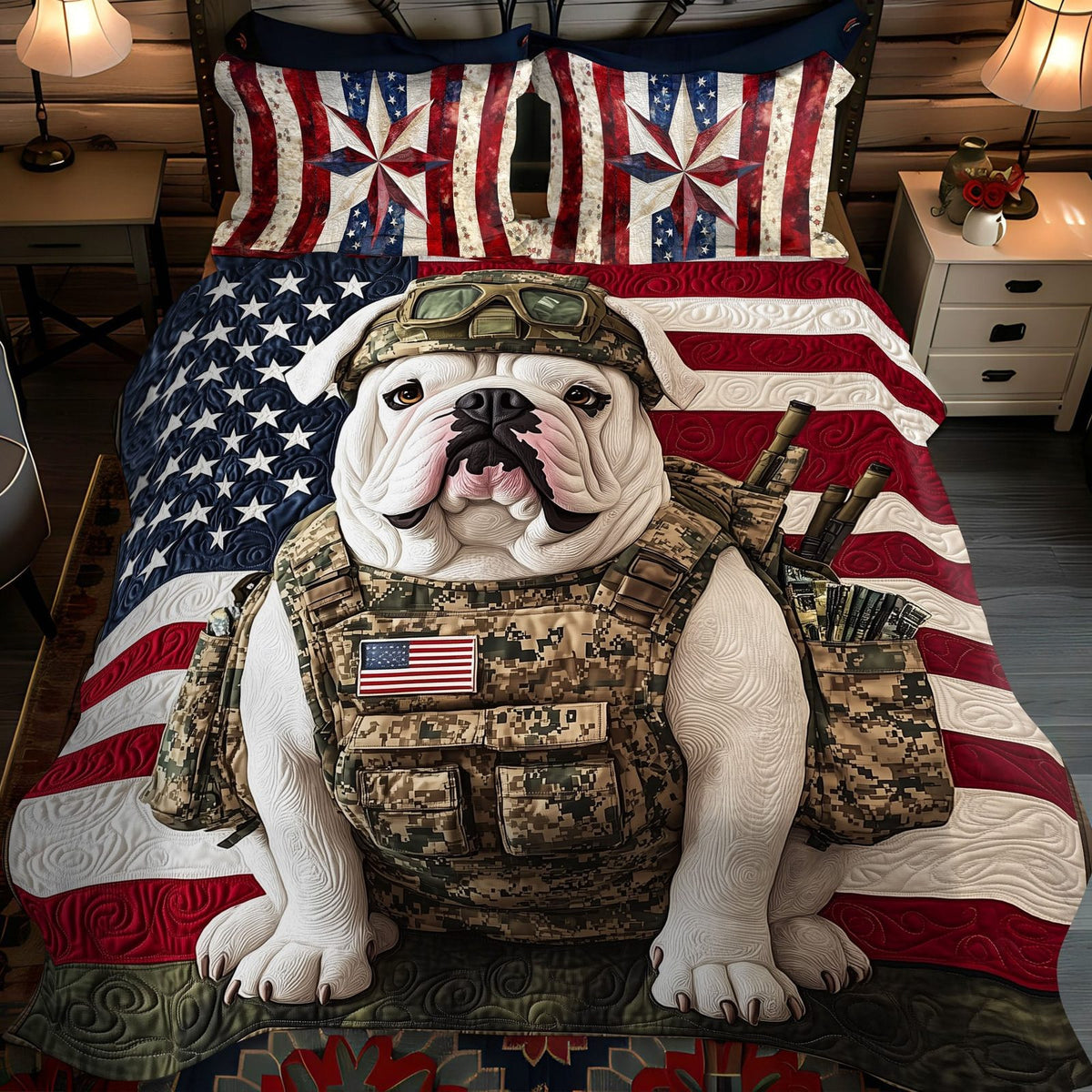 Duty and Honor quilted 3-piece bedding set on a made bed in a warmly lit bedroom