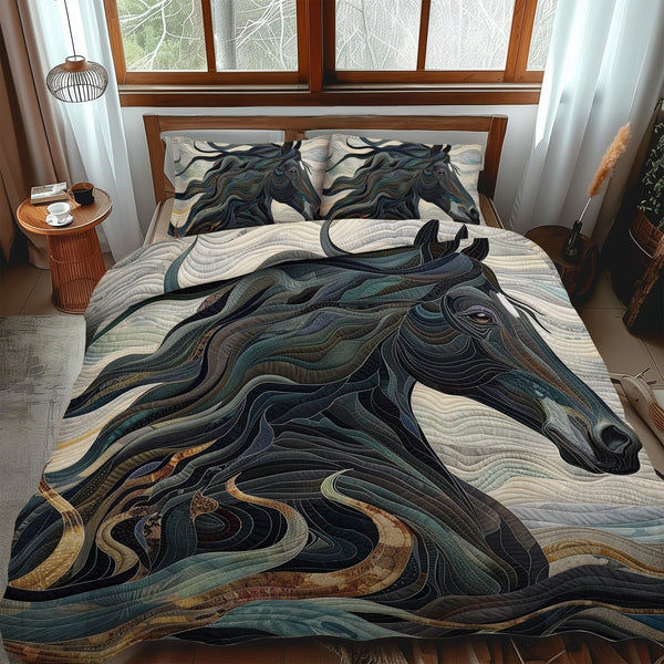 Dynamic Horse Design quilted 3-piece bedding set on a made bed in a rustic timber bedroom