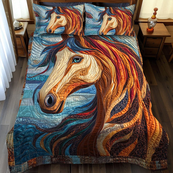 Dynamic Horse Design quilted 3-piece bedding set on a made bed in a rustic timber bedroom