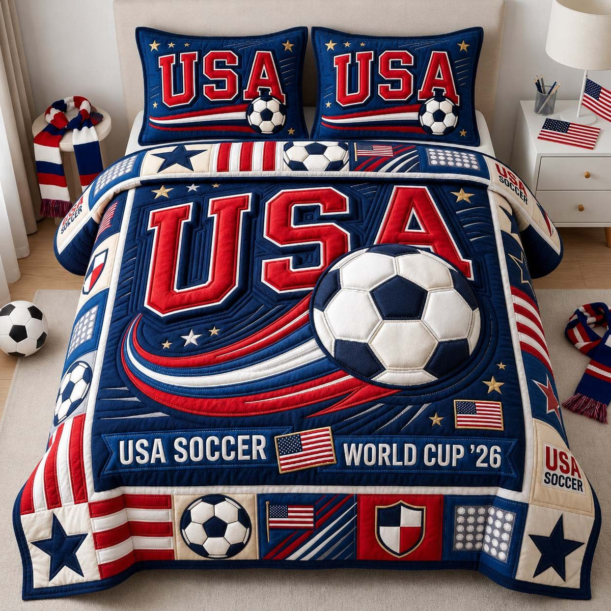Dynamic Soccer Wave quilted 3-piece bedding set on a made bed in a light coastal bedroom