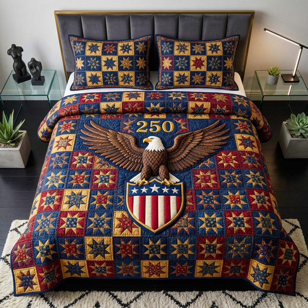 Eagle 250 quilted 3-piece bedding set on a made bed in a warmly lit bedroom