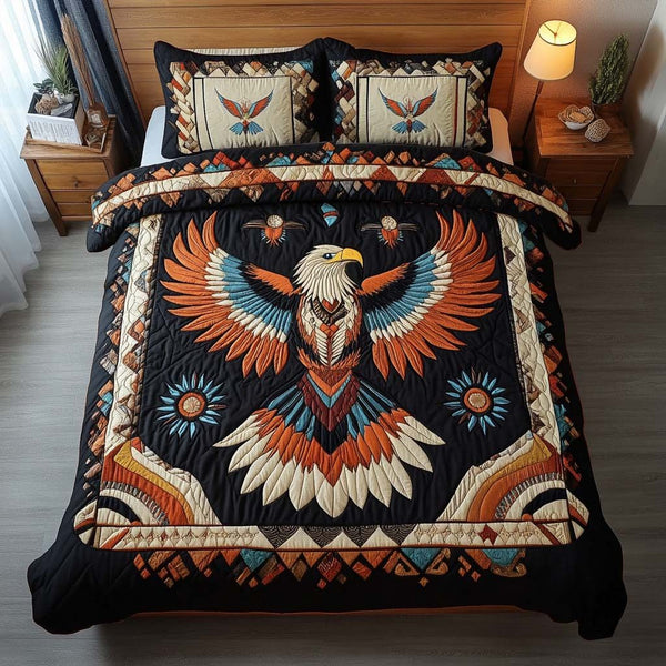 Eagle Ascend quilted 3-piece bedding set on a made bed in a warmly lit bedroom