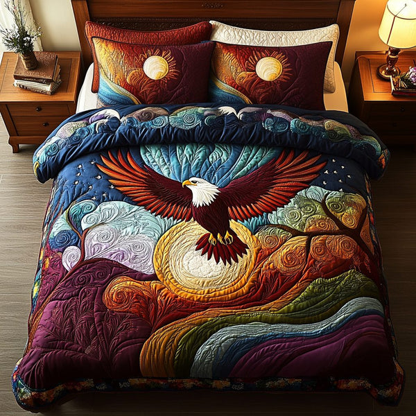 Eagle Crest quilted 3-piece bedding set on a made bed in a warmly lit bedroom