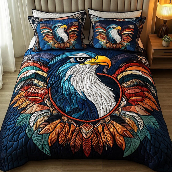 Eagle Crest quilted 3-piece bedding set on a made bed in a warmly lit bedroom