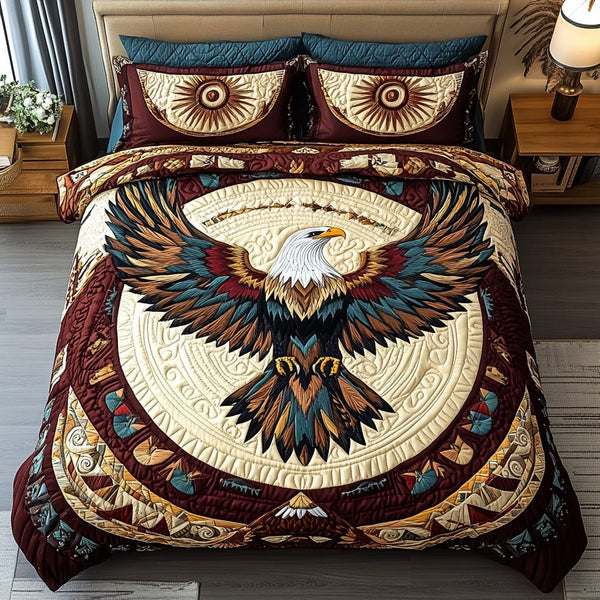 Eagle Embrace quilted 3-piece bedding set on a made bed in a warmly lit bedroom