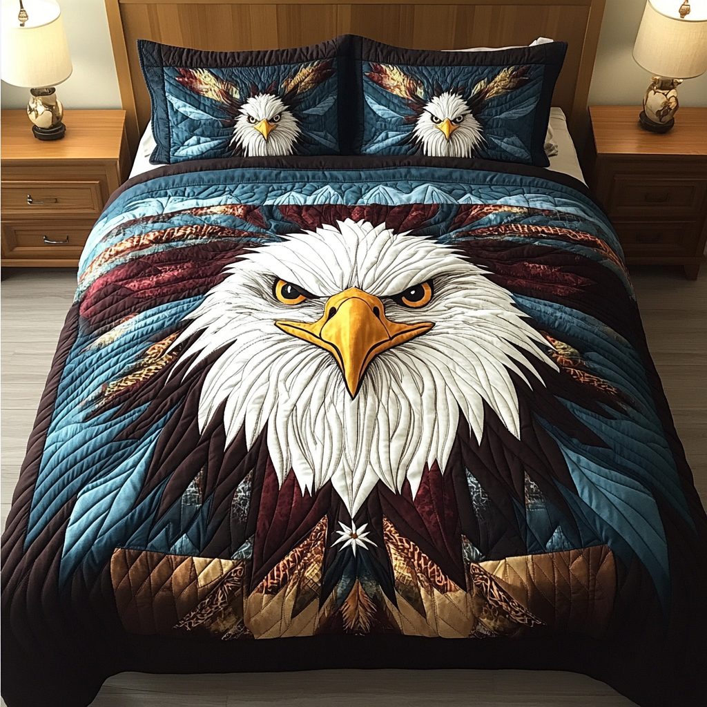 Eagle Eye quilted 3-piece bedding set on a made bed in a warmly lit bedroom