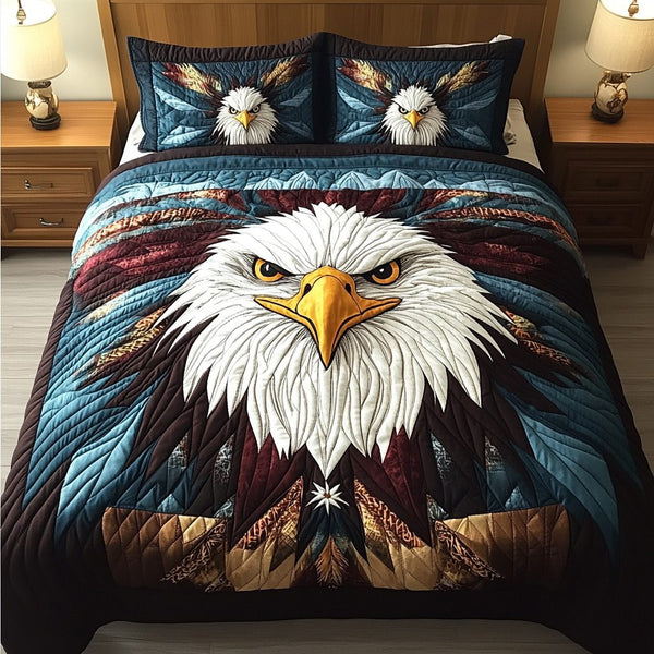 Eagle Eye quilted 3-piece bedding set on a made bed in a warmly lit bedroom