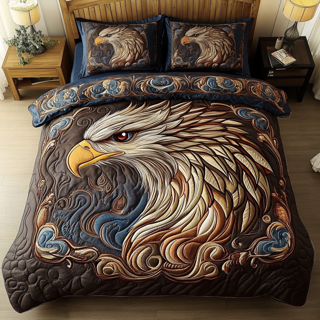Eagle Flame quilted 3-piece bedding set on a made bed in a warmly lit bedroom
