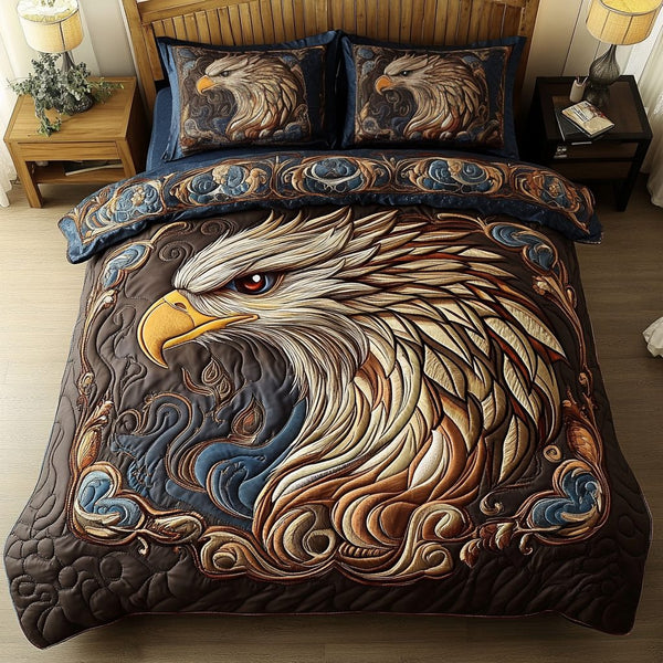 Eagle Flame quilted 3-piece bedding set on a made bed in a warmly lit bedroom