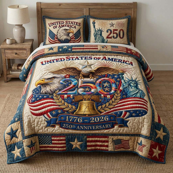 Eagle Glory quilted 3-piece bedding set on a made bed in a warmly lit bedroom