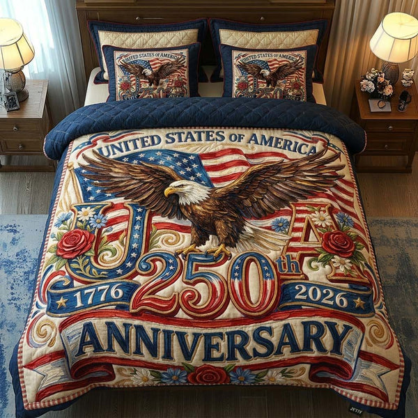 Eagle Glory quilted 3-piece bedding set on a made bed in a warmly lit bedroom