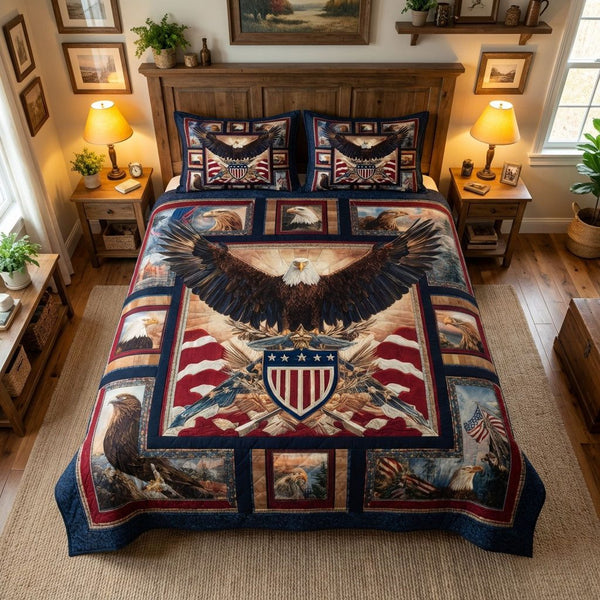 Eagle Glory quilted 3-piece bedding set on a made bed in a warmly lit bedroom