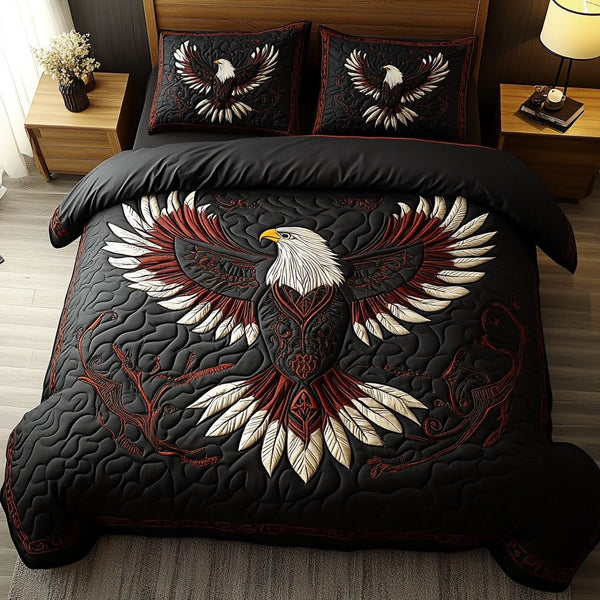 Eagle Glory quilted 3-piece bedding set on a made bed in a warmly lit bedroom
