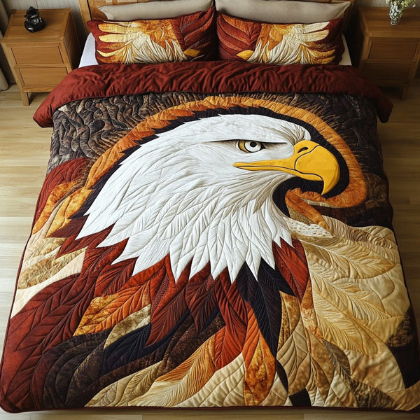 Eagle Glory quilted 3-piece bedding set on a made bed in a warmly lit bedroom