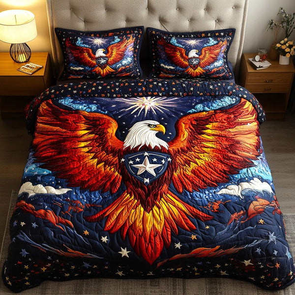 Eagle Horizon quilted 3-piece bedding set on a made bed in a warmly lit bedroom