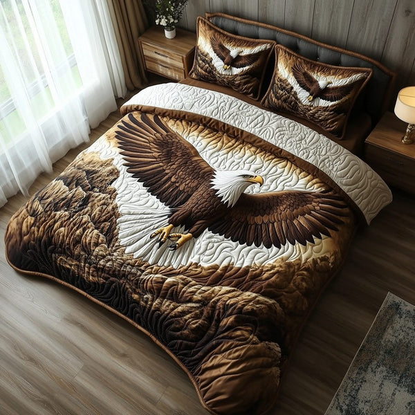 Eagle Horizon quilted 3-piece bedding set on a made bed in a warmly lit bedroom