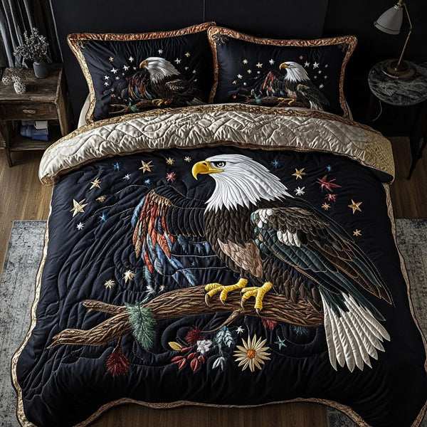 Eagle in Glory quilted 3-piece bedding set on a made bed in a warmly lit bedroom