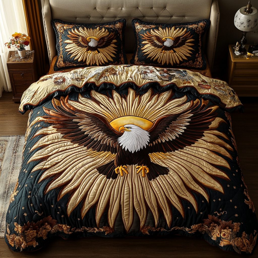 Eagle Majesty quilted 3-piece bedding set on a made bed in a warmly lit bedroom